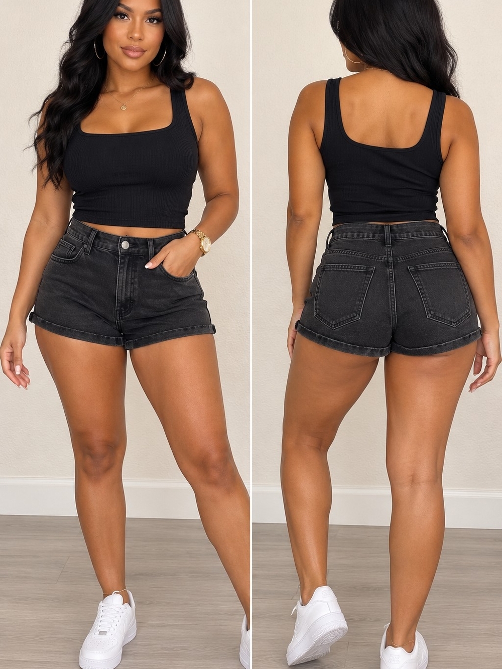 Revamped Black High-Rise Rolled Hem Denim Shorts